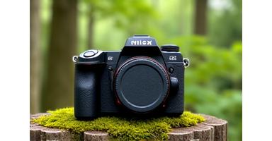Camera lens with a protective weather cover in a forest setting