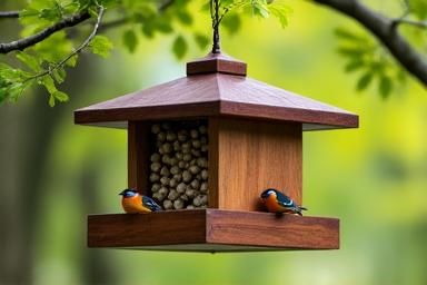 Classic wooden bird feeder attracting small birds